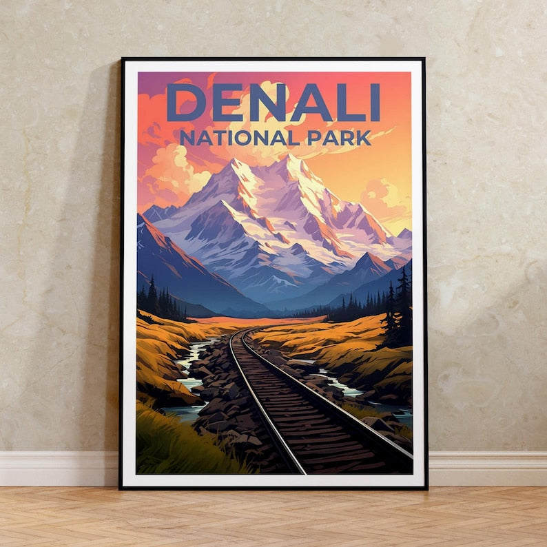 Affiche de voyage Denali, art mural Alaska, impression Alaska, affiche Denali, affiche Alaska, affiche nature, art Denali