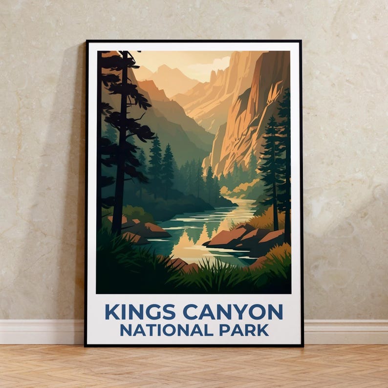 Kings Canyon Travel Poster, California Print, Forest Art, Mountain Illustration, Landscape Poster, Home Decor, Birthday Gift