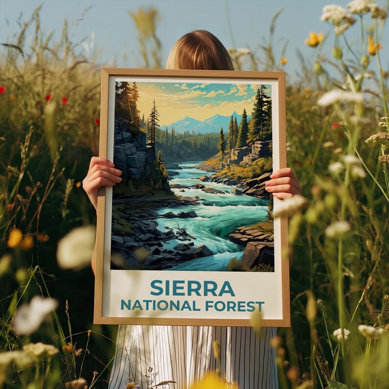 Sierra National Forest Travel Print, California Poster, Forest Wall Art, Mountain Illustration, Sierra Poster, Home Decor, Birthday Gift