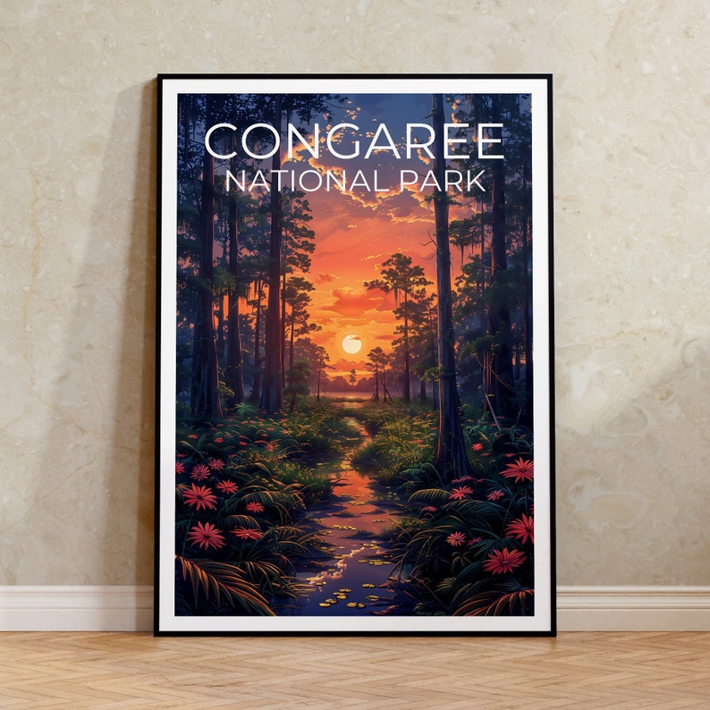Affiche de voyage du parc national de Congaree, affiche de Caroline du Sud, impression de Congaree, impression de Caroline du Sud, affiche de forêt, impression de Caroline du Sud