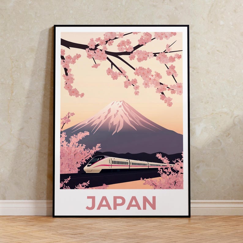 Japan Travel Print, Shinkansen Poster, Mount Fuji Poster, Cherry Blossom Art, Bullet Train Illustration, Tokyo Wall Art, Home Decor