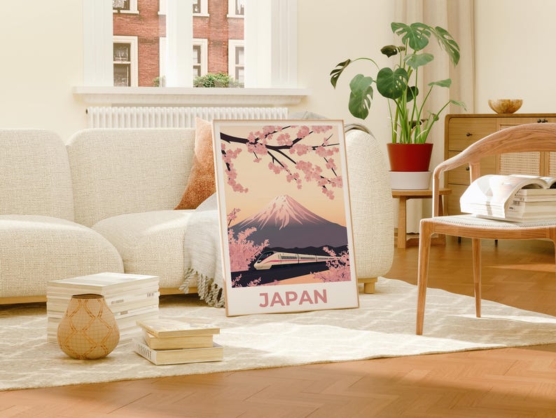 Japan Travel Print, Shinkansen Poster, Mount Fuji Poster, Cherry Blossom Art, Bullet Train Illustration, Tokyo Wall Art, Home Decor