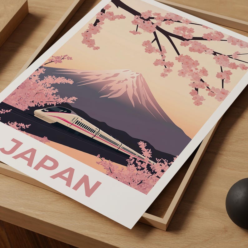 Japan Travel Print, Shinkansen Poster, Mount Fuji Poster, Cherry Blossom Art, Bullet Train Illustration, Tokyo Wall Art, Home Decor