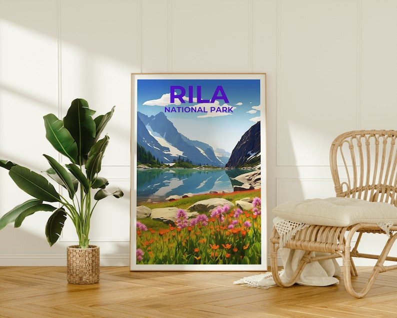 Affiche de voyage du parc national de Rila, art bulgare, impression bulgare, affiche du parc national de Rila, affiche Rila, affiche nature
