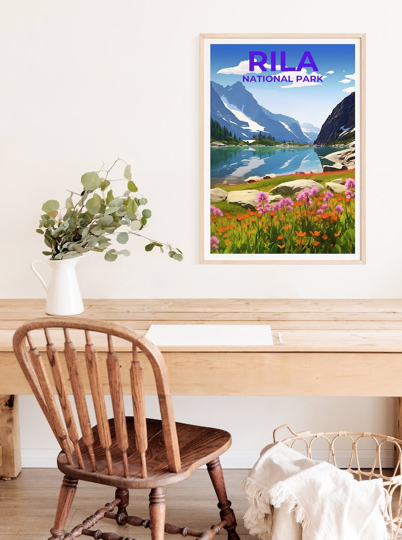 Affiche de voyage du parc national de Rila, art bulgare, impression bulgare, affiche du parc national de Rila, affiche Rila, affiche nature