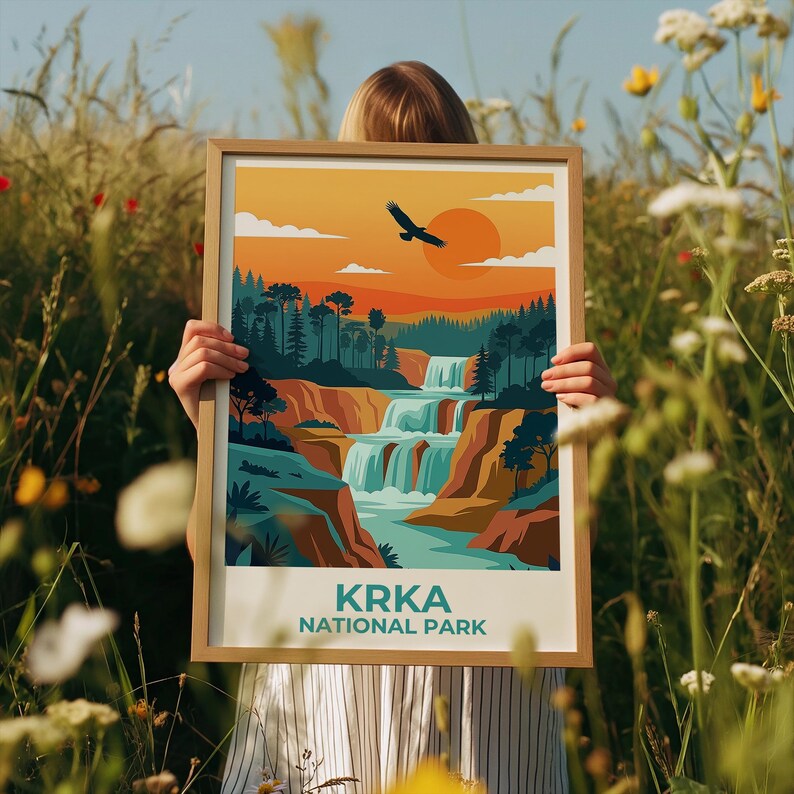 Krka National Park Poster,  Croatia Nature Wall Art, Cascading Waterfalls Print