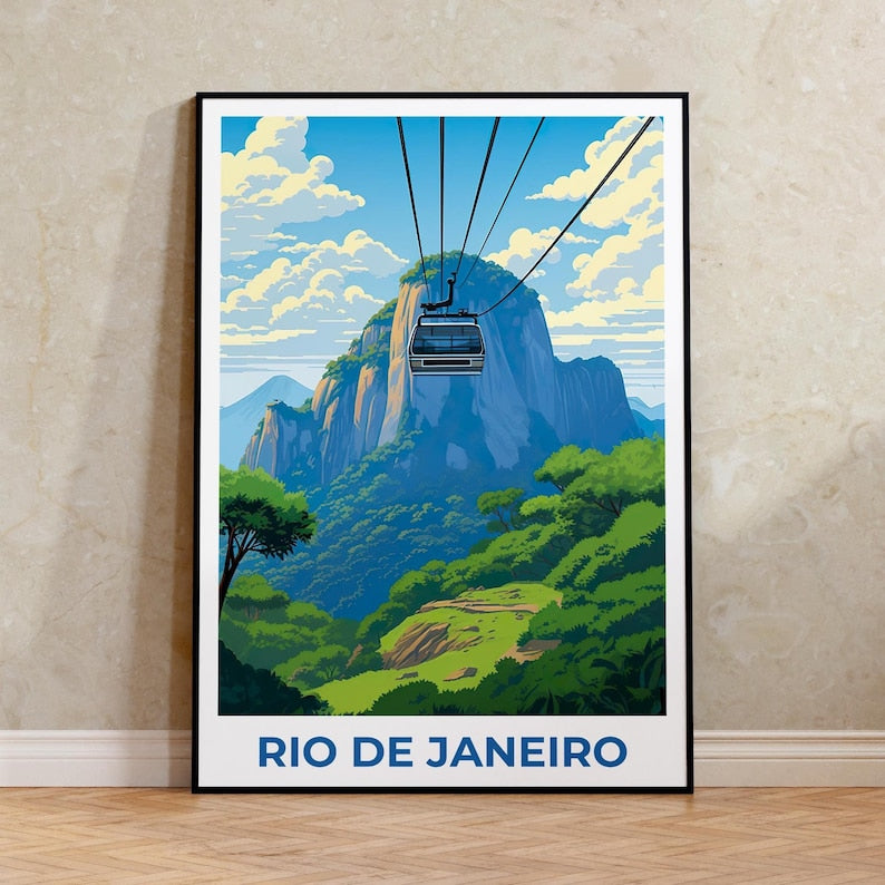 Rio de Janeiro Travel Print, Brazil Poster, Sugarloaf Wall Art, Cablecar Illustration, Rio de Janeiro Poster, Home Decor, Birthday Gift