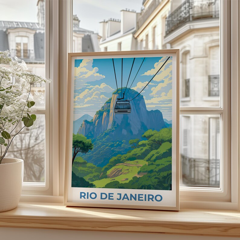 Rio de Janeiro Travel Print, Brazil Poster, Sugarloaf Wall Art, Cablecar Illustration, Rio de Janeiro Poster, Home Decor, Birthday Gift
