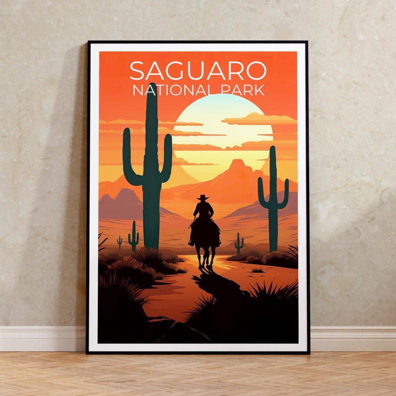 Saguaro National Park Travel Print, Arizona Poster, Cowboy Art, Cactus Illustration, Scenic Wall Art, Home Decor, Birthday Gift