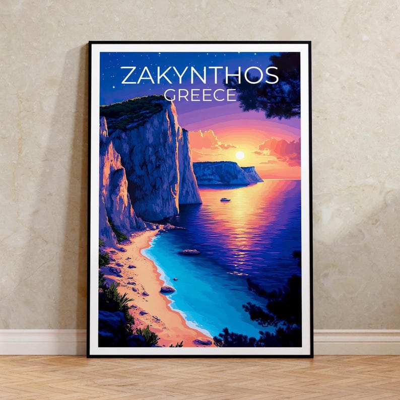 Zakynthos Poster, Greece Travel Print, Navagio Beach Art, Greek Islands Illustration, Scenic Wall Art, Home Decor, Birthday Gift