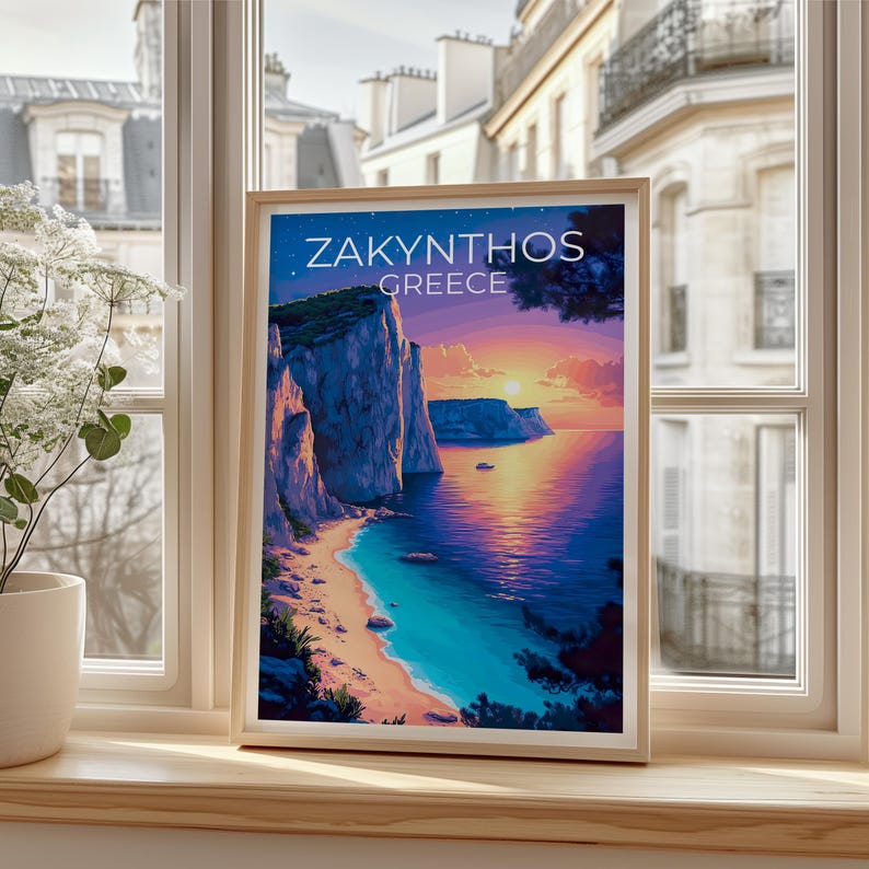 Zakynthos Poster, Greece Travel Print, Navagio Beach Art, Greek Islands Illustration, Scenic Wall Art, Home Decor, Birthday Gift