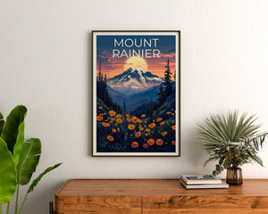 Affiche du mont Rainier, impression du mont Rainier, affiche de Washington, impression de montagne, affiche de randonnée, art de l'État de Washington