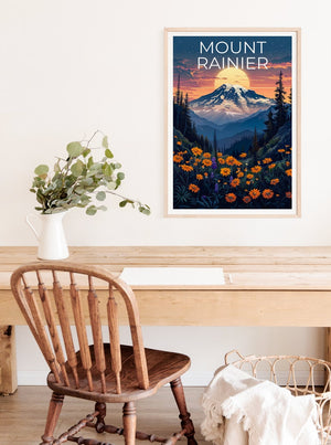 Affiche du mont Rainier, impression du mont Rainier, affiche de Washington, impression de montagne, affiche de randonnée, art de l'État de Washington