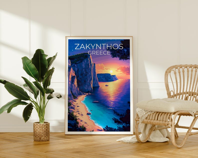 Zakynthos Poster, Greece Travel Print, Navagio Beach Art, Greek Islands Illustration, Scenic Wall Art, Home Decor, Birthday Gift