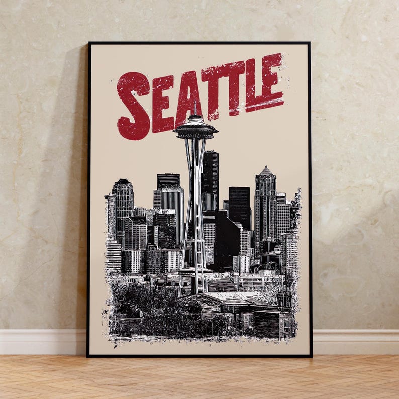 Seattle Poster, Washington Travel Print, City Skyline Art, Space Needle Illustration, Seattle Print, Home Decor, Birthday Gift