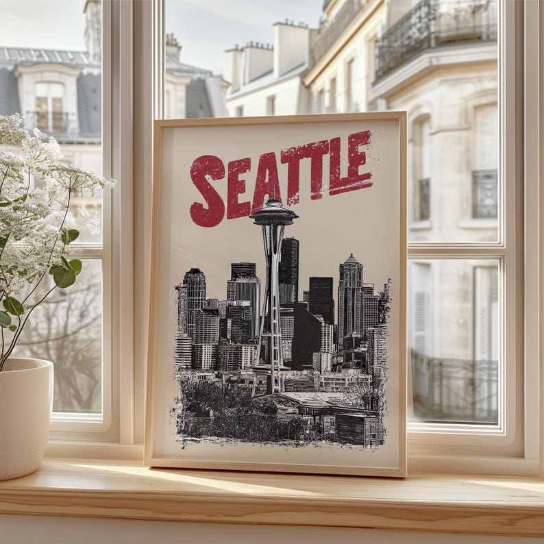 Seattle Poster, Washington Travel Print, City Skyline Art, Space Needle Illustration, Seattle Print, Home Decor, Birthday Gift