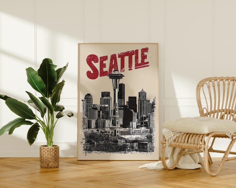 Seattle Poster, Washington Travel Print, City Skyline Art, Space Needle Illustration, Seattle Print, Home Decor, Birthday Gift