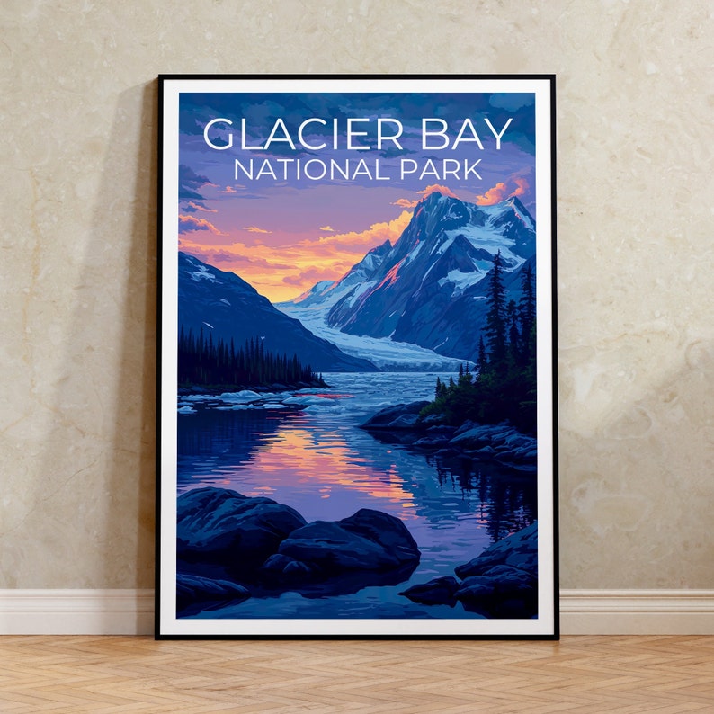 Affiche de voyage de Glacier Bay, art mural de l'Alaska, impression de l'Alaska, affiche de Glacier Bay, affiche de l'Alaska