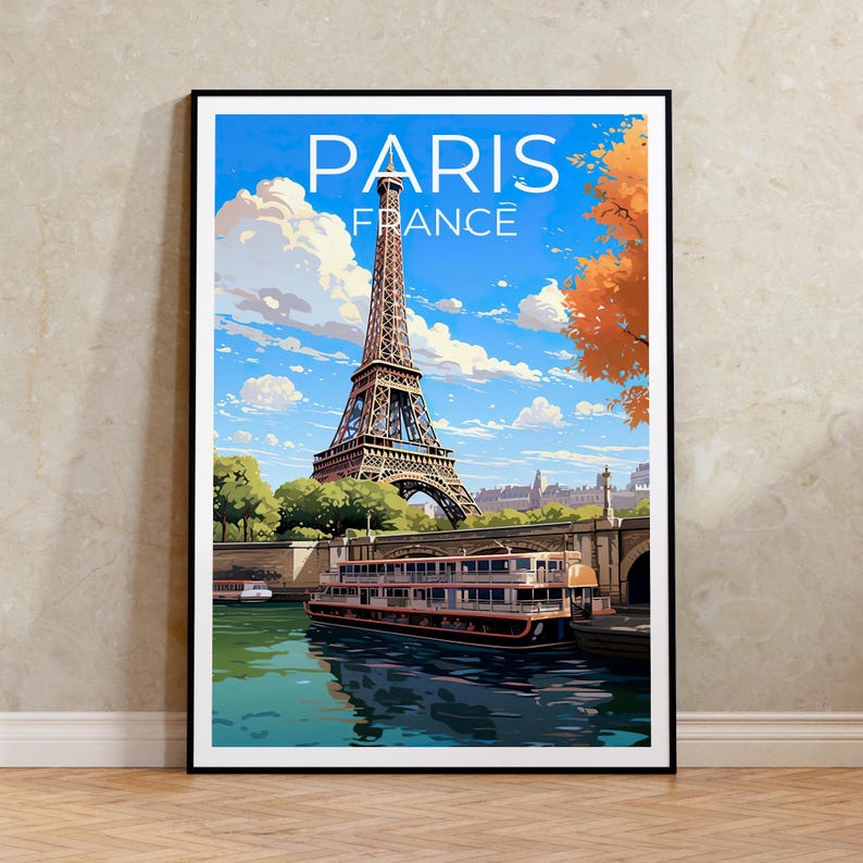 France Poster, Paris Travel Print, Seine Boats Art, European City Poster, Landscape Poster, Scenic Wall Art, Home Decor, Birthday Gift