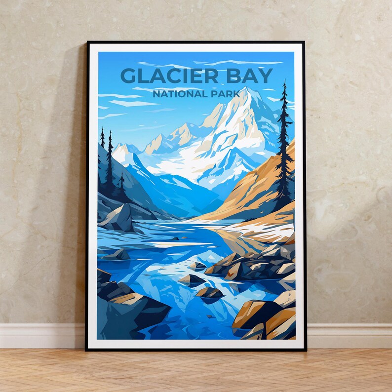 Affiche de voyage de Glacier Bay, art mural de l'Alaska, impression du parc national, affiche de Glacier Bay, art de l'Alaska, affiche de la nature, illustration de Glacier Bay