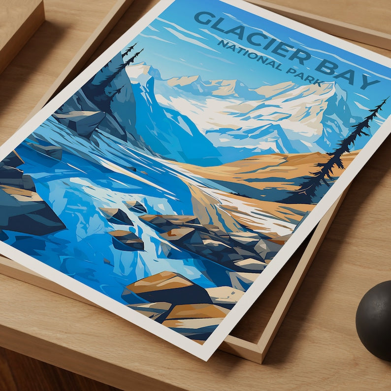 Affiche de voyage de Glacier Bay, art mural de l'Alaska, impression du parc national, affiche de Glacier Bay, art de l'Alaska, affiche de la nature, illustration de Glacier Bay