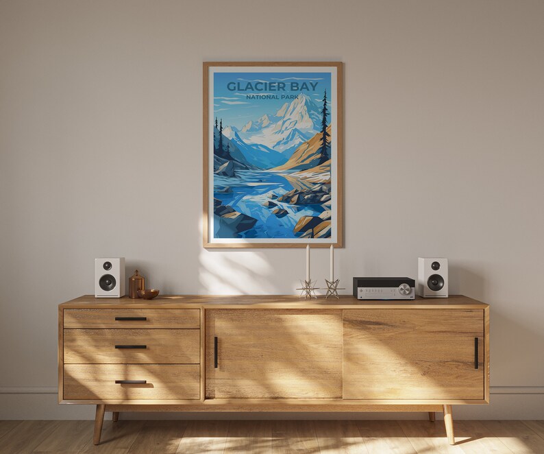 Affiche de voyage de Glacier Bay, art mural de l'Alaska, impression du parc national, affiche de Glacier Bay, art de l'Alaska, affiche de la nature, illustration de Glacier Bay