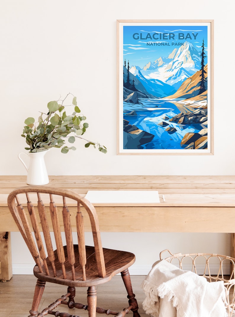 Affiche de voyage de Glacier Bay, art mural de l'Alaska, impression du parc national, affiche de Glacier Bay, art de l'Alaska, affiche de la nature, illustration de Glacier Bay