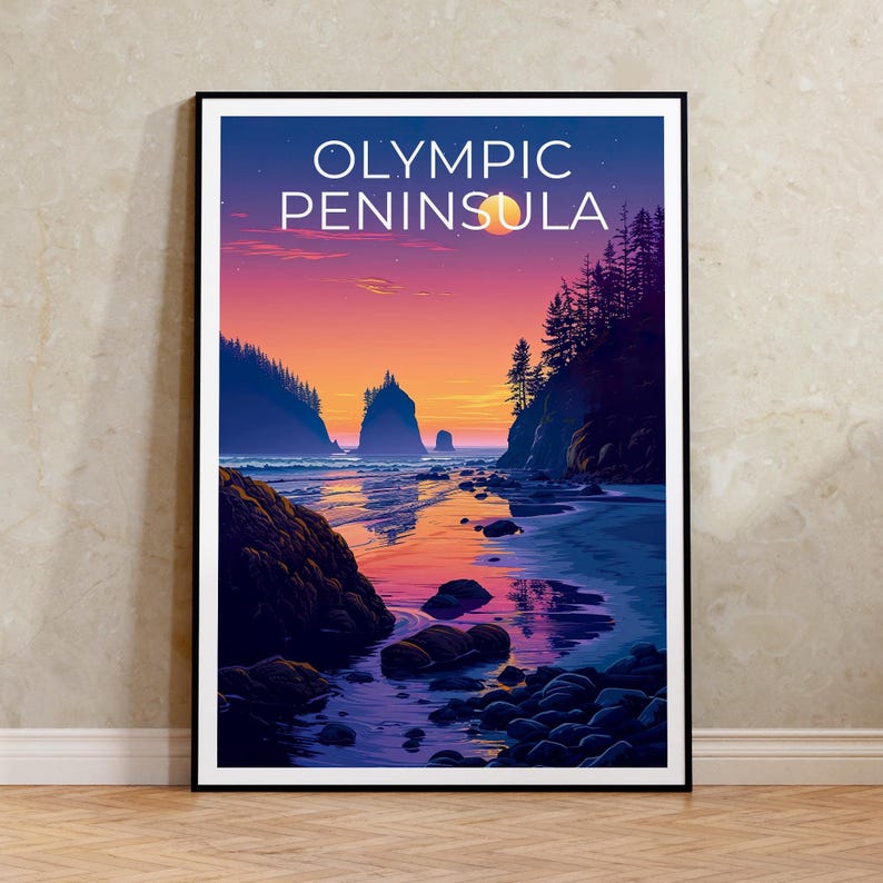 Olympic Peninsula Print, Washington State Poster, Beach Wall Art, Olympic Illustration, Landscape Poster, Home Decor, Birthday Gift