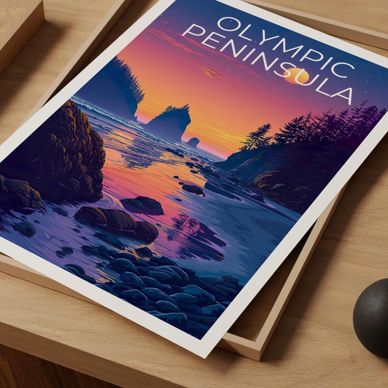 Olympic Peninsula Print, Washington State Poster, Beach Wall Art, Olympic Illustration, Landscape Poster, Home Decor, Birthday Gift