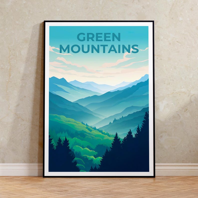 Vermont Travel Poster, Green Mountains Print, Vermont Wall Art, Forest Illustration, Mountain Poster, Home Decor, Birthday Gift