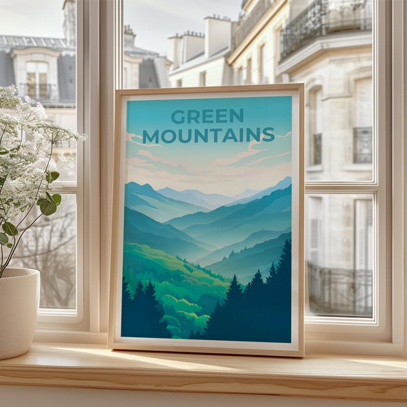 Vermont Travel Poster, Green Mountains Print, Vermont Wall Art, Forest Illustration, Mountain Poster, Home Decor, Birthday Gift