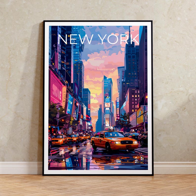 New York City Poster, Times Square Travel Print, Yellow Cab Art, City Skyline Illustration, NYC Wall Art, Home Decor, Birthday Gift