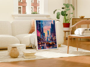New York City Poster, Times Square Travel Print, Yellow Cab Art, City Skyline Illustration, NYC Wall Art, Home Decor, Birthday Gift