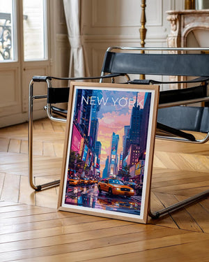 New York City Poster, Times Square Travel Print, Yellow Cab Art, City Skyline Illustration, NYC Wall Art, Home Decor, Birthday Gift
