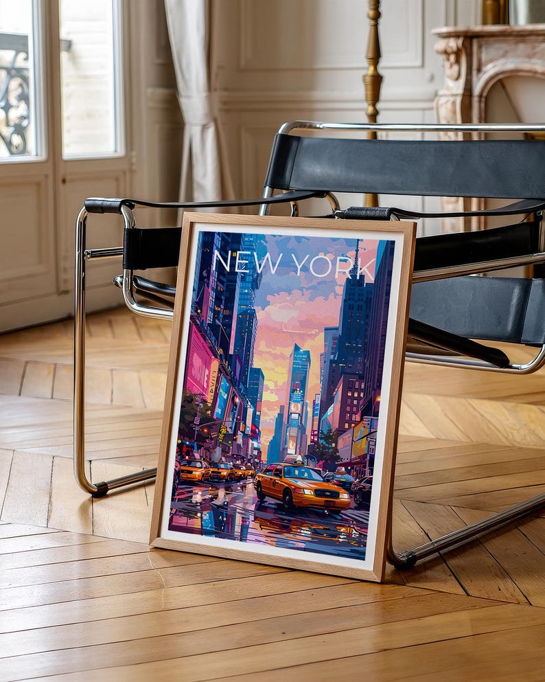 New York City Poster, Times Square Travel Print, Yellow Cab Art, City Skyline Illustration, NYC Wall Art, Home Decor, Birthday Gift