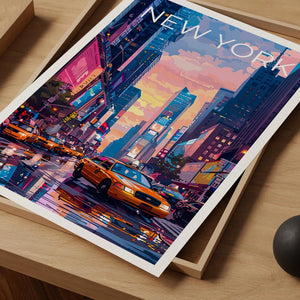 New York City Poster, Times Square Travel Print, Yellow Cab Art, City Skyline Illustration, NYC Wall Art, Home Decor, Birthday Gift
