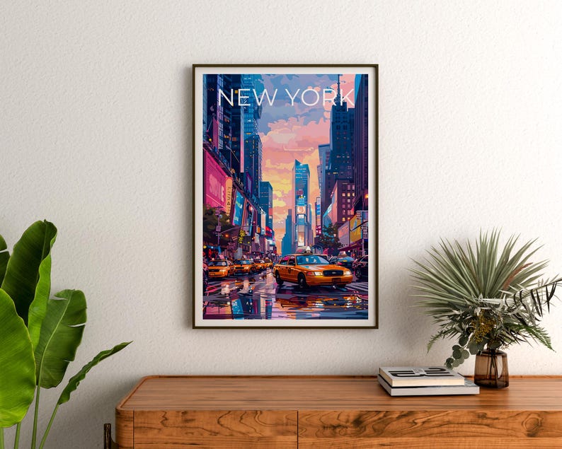 New York City Poster, Times Square Travel Print, Yellow Cab Art, City Skyline Illustration, NYC Wall Art, Home Decor, Birthday Gift