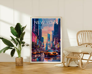 New York City Poster, Times Square Travel Print, Yellow Cab Art, City Skyline Illustration, NYC Wall Art, Home Decor, Birthday Gift