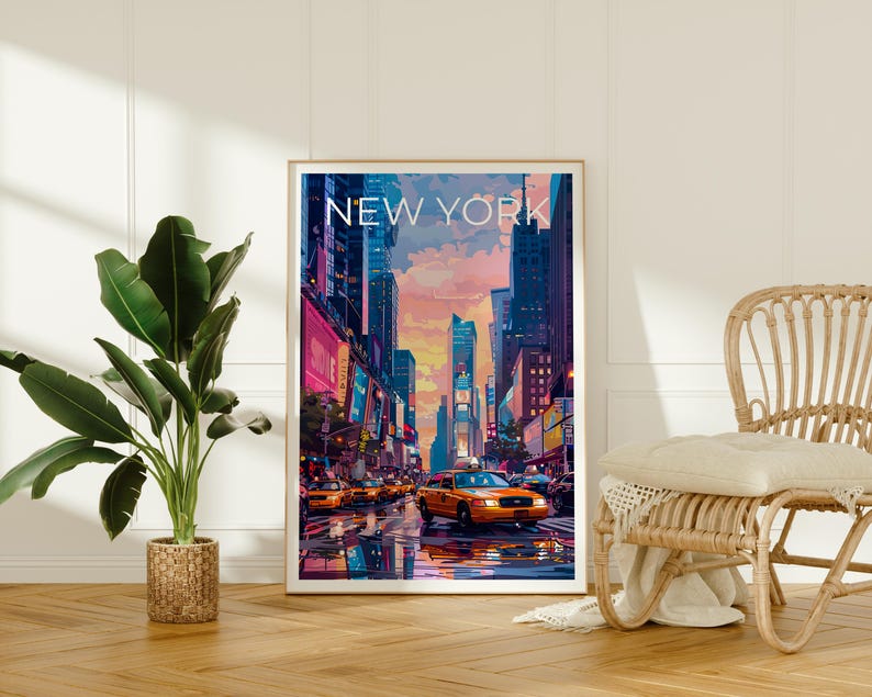 New York City Poster, Times Square Travel Print, Yellow Cab Art, City Skyline Illustration, NYC Wall Art, Home Decor, Birthday Gift