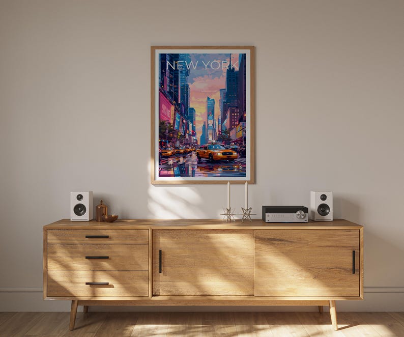 New York City Poster, Times Square Travel Print, Yellow Cab Art, City Skyline Illustration, NYC Wall Art, Home Decor, Birthday Gift