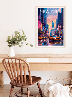 New York City Poster, Times Square Travel Print, Yellow Cab Art, City Skyline Illustration, NYC Wall Art, Home Decor, Birthday Gift