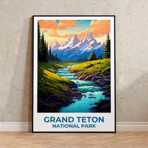 Wyoming Travel Print Grand Teton Poster Mountain Wall Art Forest Illustration Wyoming Poster Home Decor Birthday Gift