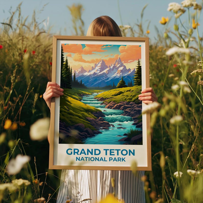 Wyoming Travel Print Grand Teton Poster Mountain Wall Art Forest Illustration Wyoming Poster Home Decor Birthday Gift