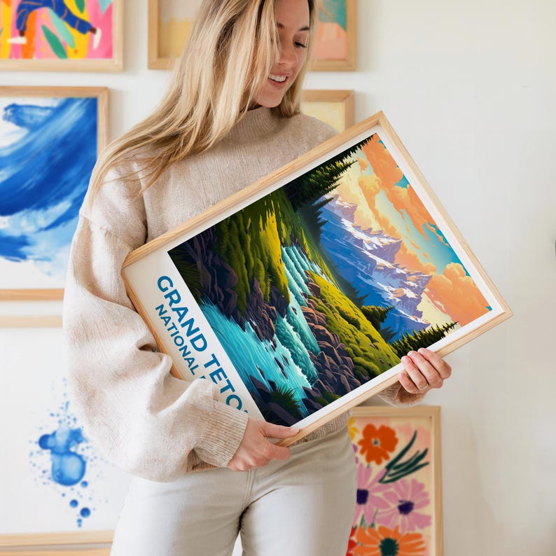 Wyoming Travel Print Grand Teton Poster Mountain Wall Art Forest Illustration Wyoming Poster Home Decor Birthday Gift