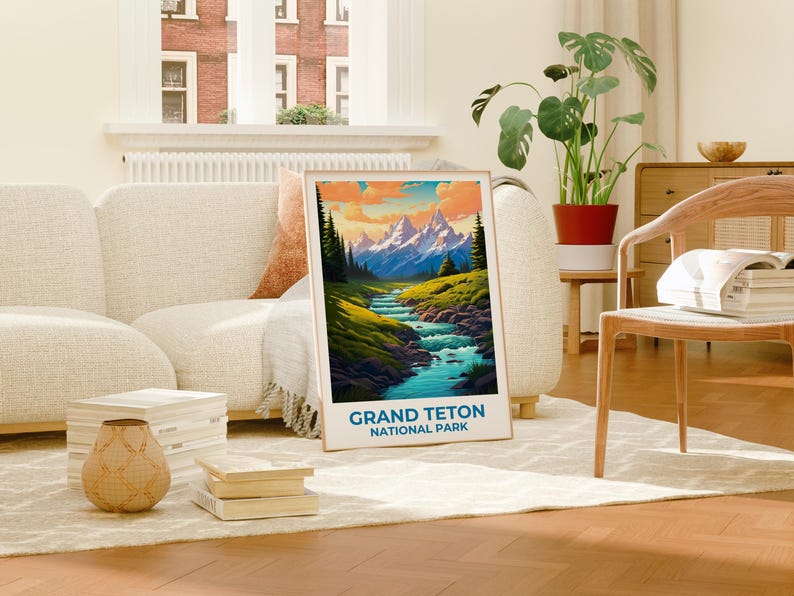 Wyoming Travel Print Grand Teton Poster Mountain Wall Art Forest Illustration Wyoming Poster Home Decor Birthday Gift
