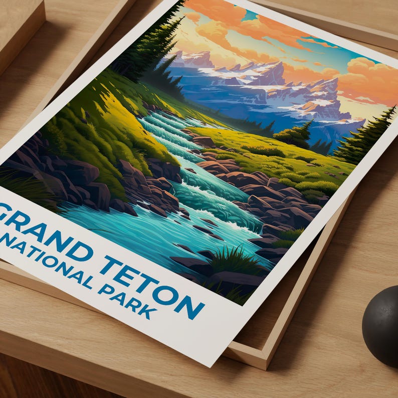 Wyoming Travel Print Grand Teton Poster Mountain Wall Art Forest Illustration Wyoming Poster Home Decor Birthday Gift