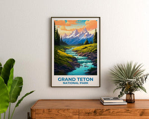 Wyoming Travel Print Grand Teton Poster Mountain Wall Art Forest Illustration Wyoming Poster Home Decor Birthday Gift