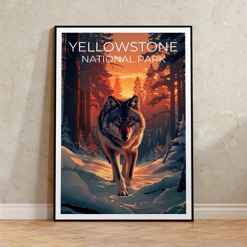 Affiche du parc national de Yellowstone, affiche du Wyoming, affiche du loup, affiche de Yellowstone, impression de loup, impression du Wyoming, impression de Yellowstone