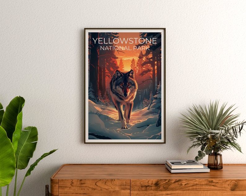 Affiche du parc national de Yellowstone, affiche du Wyoming, affiche du loup, affiche de Yellowstone, impression de loup, impression du Wyoming, impression de Yellowstone