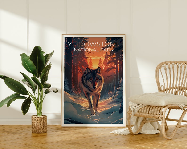 Affiche du parc national de Yellowstone, affiche du Wyoming, affiche du loup, affiche de Yellowstone, impression de loup, impression du Wyoming, impression de Yellowstone